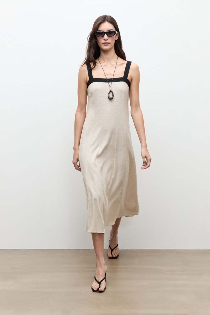 Vestido lino cortes verticales beige melange