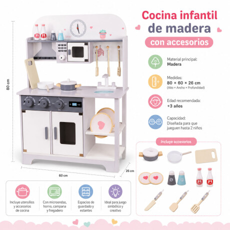 Cocina De Madera Infantil Con Microondas Y Accesorios Blanco