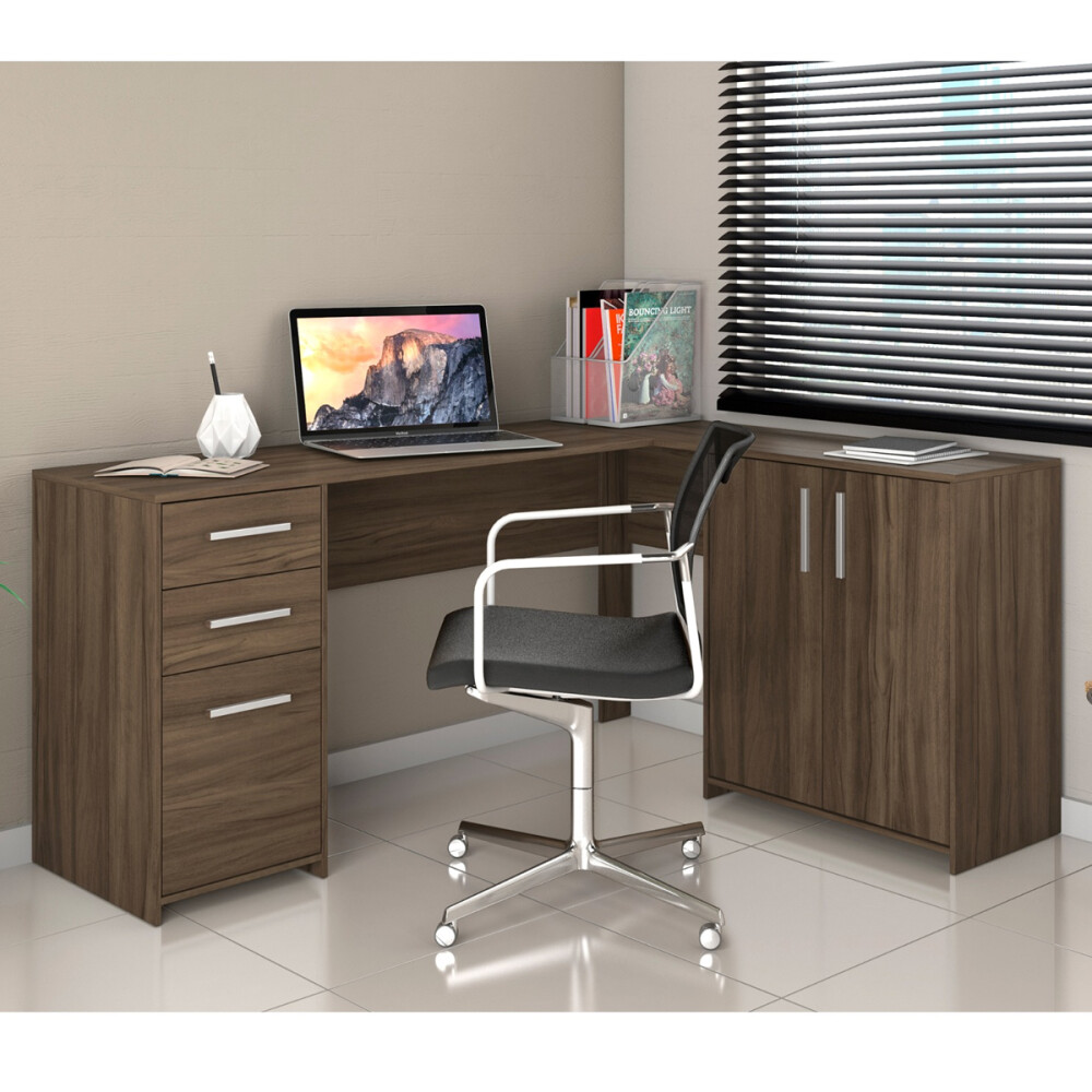 ESCRITORIO ESQUINERO MESA PARA PC LAPTOP COMPUTADORA 2 PUERTAS 2 CAJONES MARRON