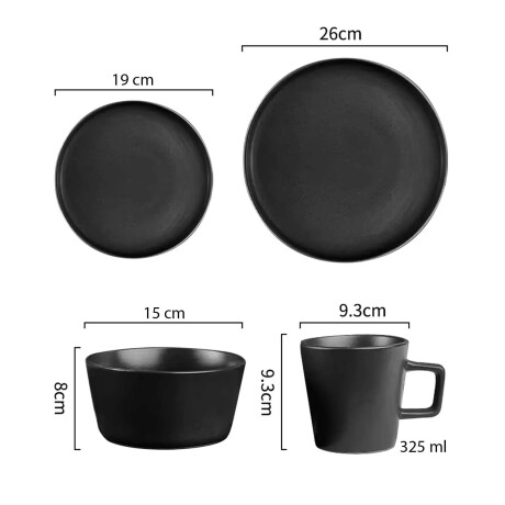 Juego de Vajilla Cerámica 16 Piezas Platos Bowls Tazas 325ml Negro