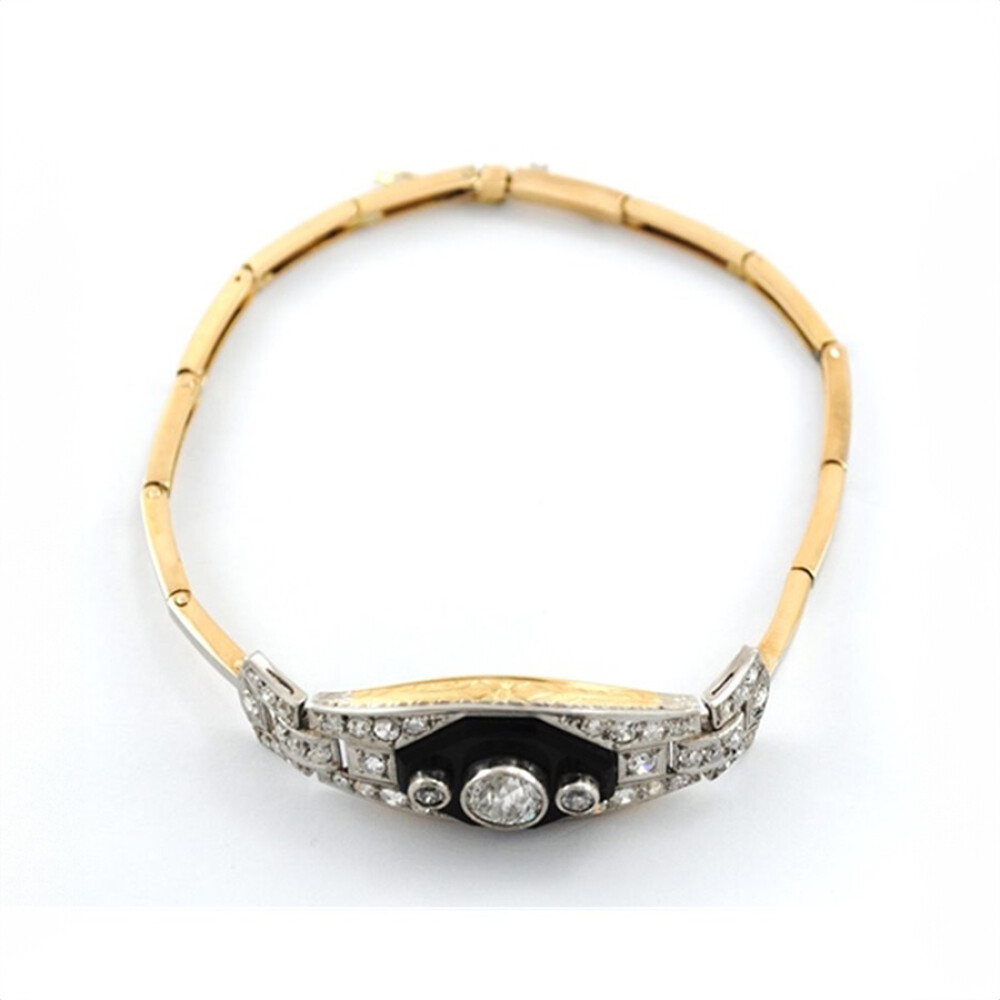 Pulsera Antigua Oro 18K, Platino, Onix Y Brillantes Pulsera Antigua Oro 18K, Platino, Onix Y Brillantes