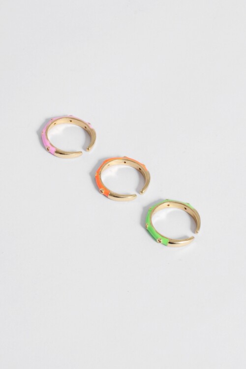 Set de tres anillos finos ajustables strass cobre multicolor