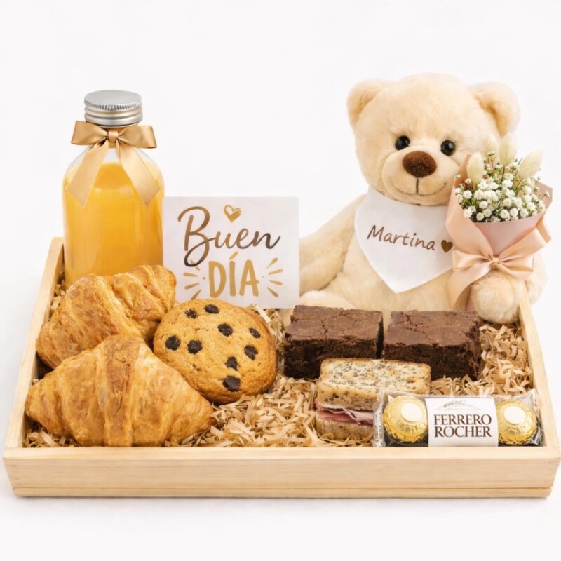 Desayuno Premium con Peluche Personalizado y Flores Desayuno Premium con Peluche Personalizado y Flores