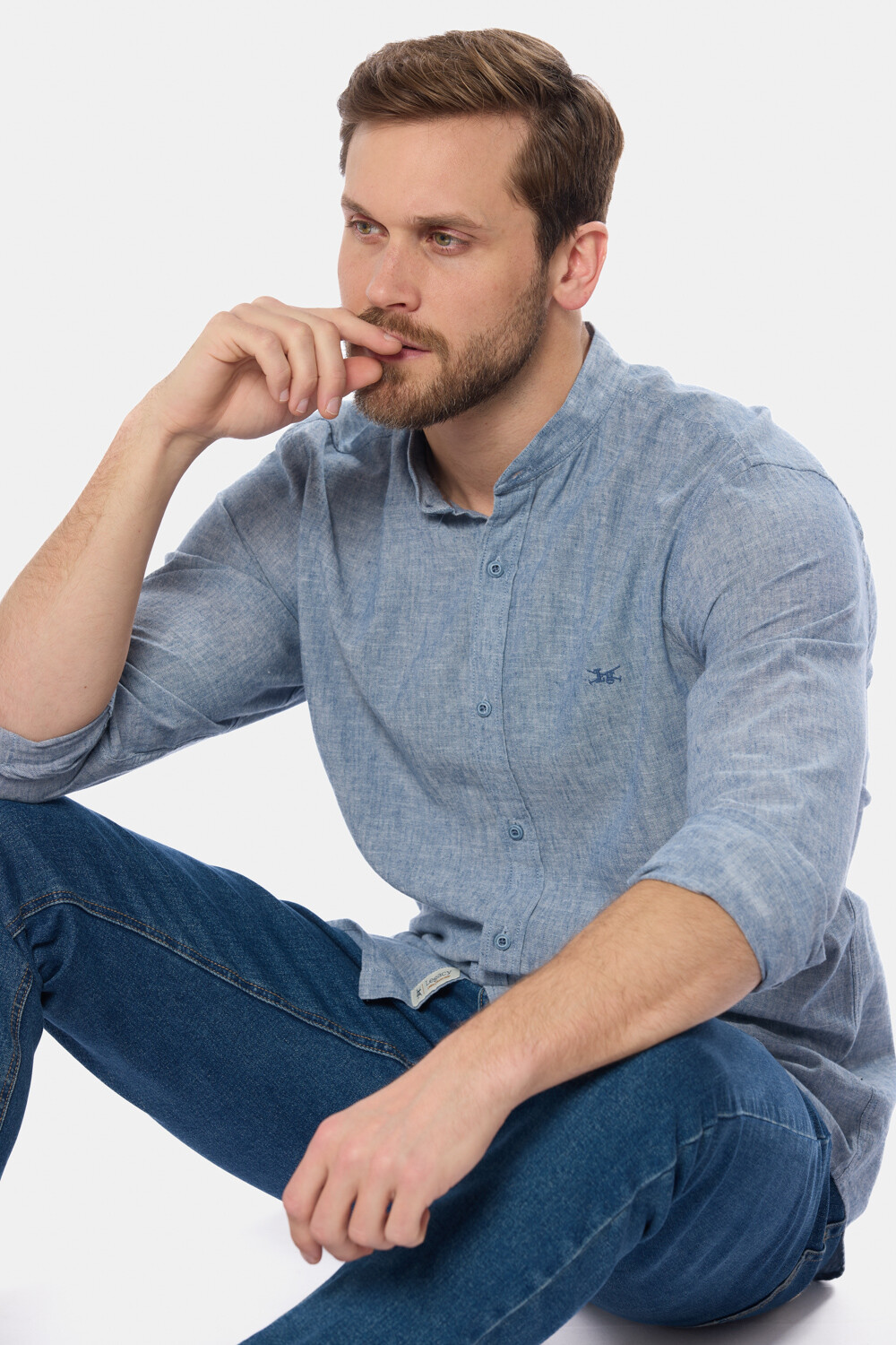 CAMISA DE LINO CUELLO MAO Azul