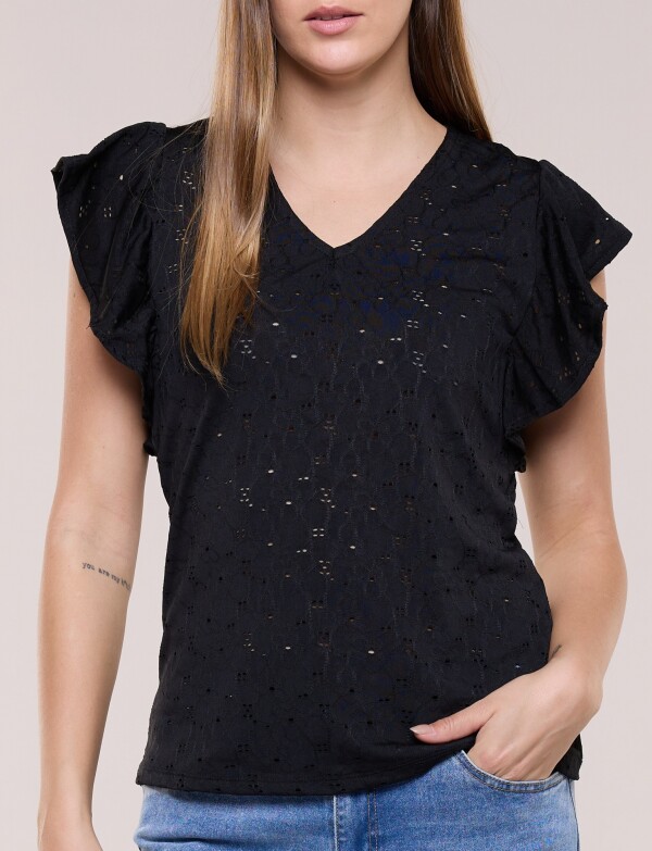 Blusa Broderie Manga Volado NEGRO