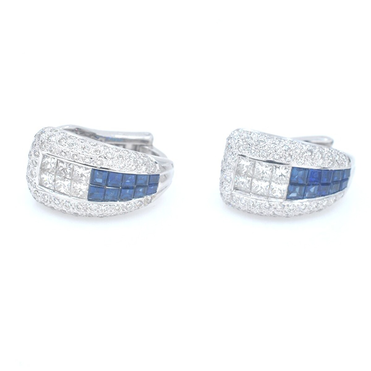 Caravanas en oro 18k blanco, brillantes y zafiro carré 