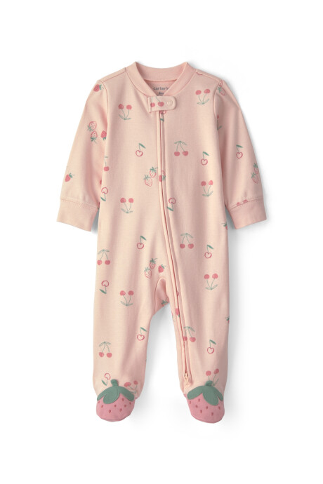 Pijama una pieza de algodón, con pie, rosado, diseño frutillas y cerezas Pijama una pieza de algodón, con pie, rosado, diseño frutillas y cerezas