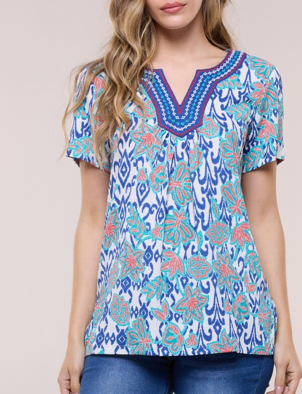 Blusa Con Escote Túnica Bordado MULTI/AZUL