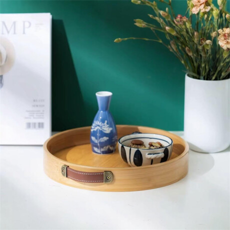 Bandeja Redonda de Bambu y Detalle en Cuero - Set 2 Medidas Bandeja Redonda de Bambu y Detalle en Cuero - Set 2 Medidas