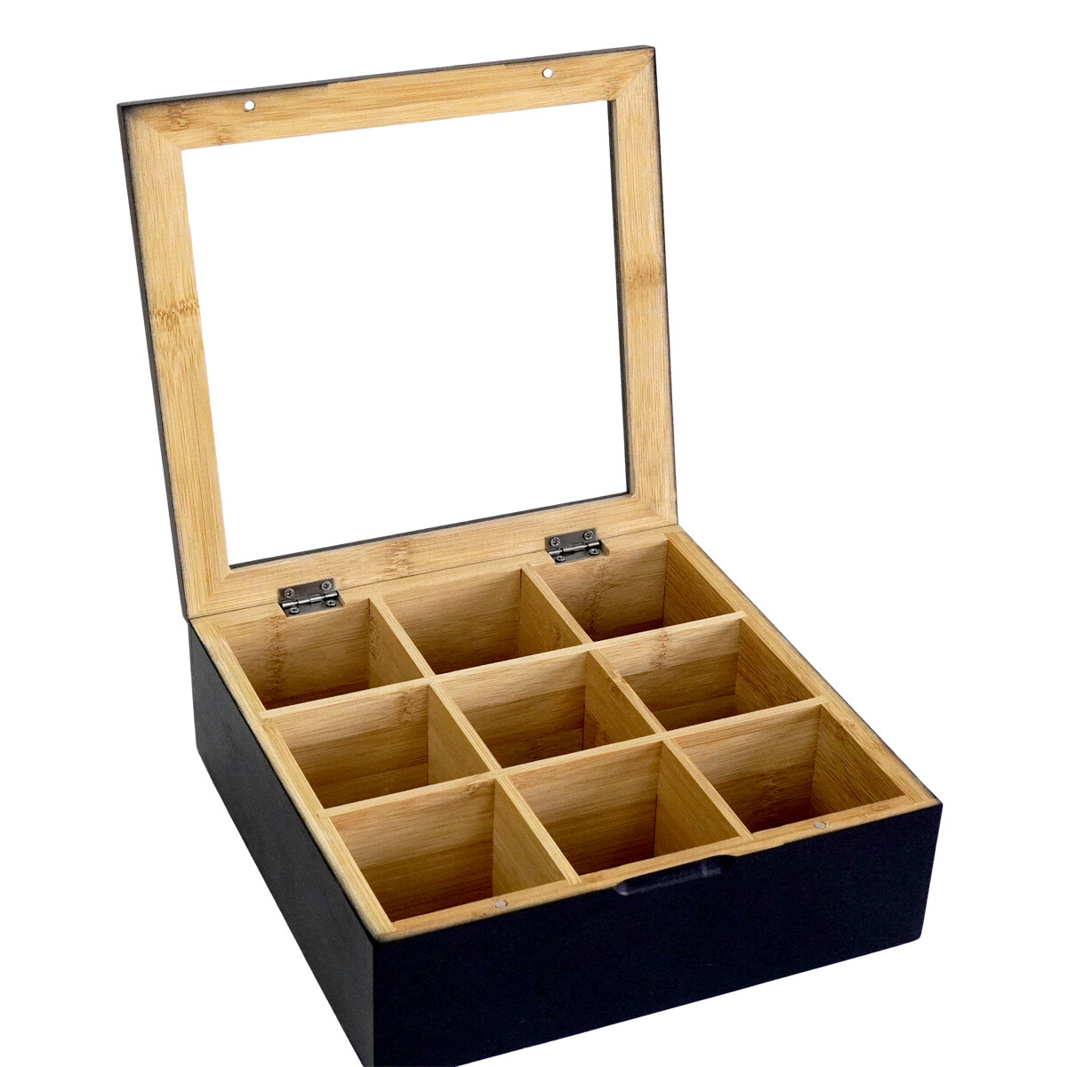 CAJA DE TE MADERA COLOR NEGRO TAPA VIDRIO 9 DIVISIONES 22X22X8.5CM 