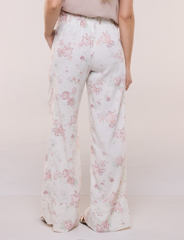 Pantalon Lino Wide Leg Con Estampa Floral CRUDO/MULTI