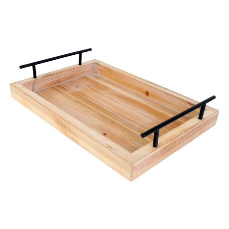 Bandeja de madera y metal rectangular con asas grande Bandeja de madera y metal rectangular con asas grande