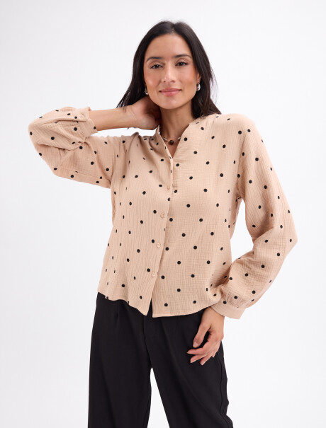 Blusa cuello mao lunares beige