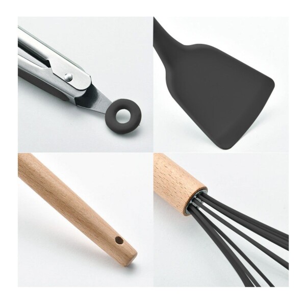 Set de 12 Utensillos de Cocina de Silicona Antiadherente con Mango Madera IMBACK Color Negro Set de 12 Utensillos de Cocina de Silicona Antiadherente con Mango Madera IMBACK Color Negro