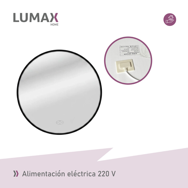 Espejo Lumax Doddy marco redondo con desempañador y luz 60cm Negro