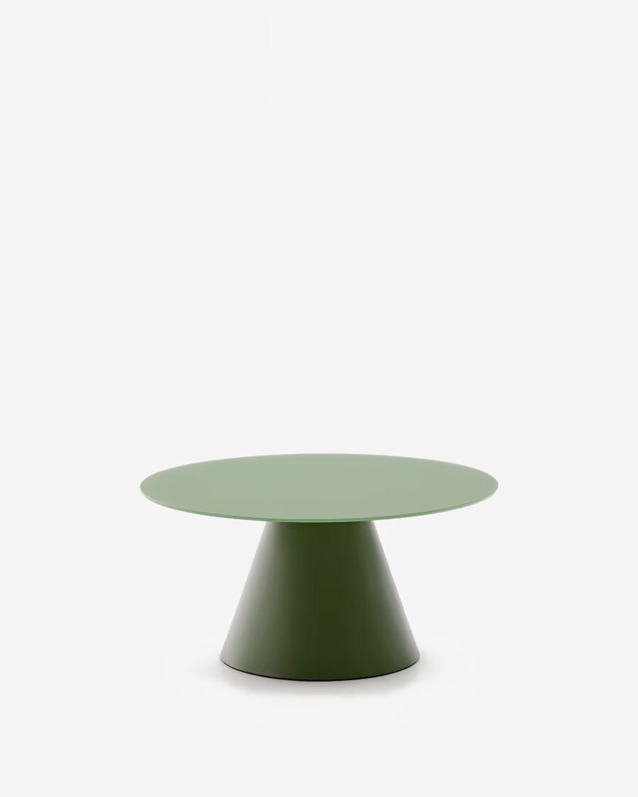 Mesa de centro Wilshire cristal templado glaseado y acero acabado pintado verde mate Ø80cm Mesa de centro Wilshire cristal templado glaseado y acero acabado pintado verde mate Ø80cm