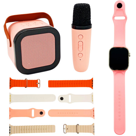 Set Micrófono Parlante Karaoke + Reloj Smartwatch Rosa