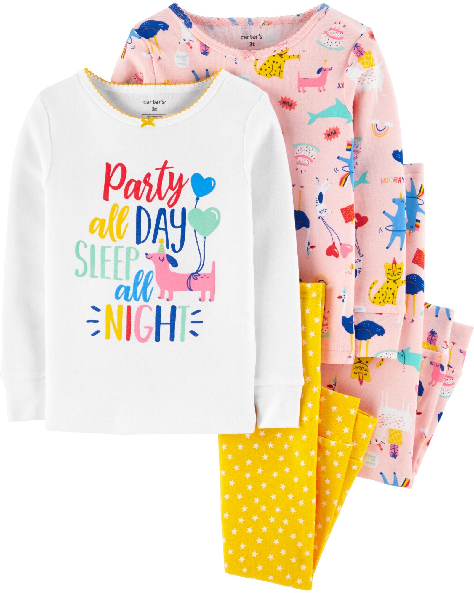 Pijama cuatro piezas dos remeras manga larga y dos pantalones animales de fiesta algodón Sin color