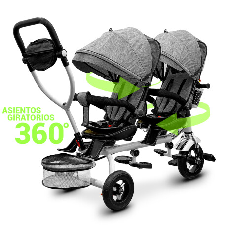 Coche Triciclo Doble Toldo Anti UV Asiento Giratorio Gris