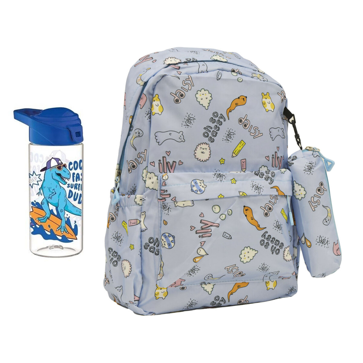 Set Mochila Infantil Escolar con Cartuchera + Botella 500ML - Celeste 