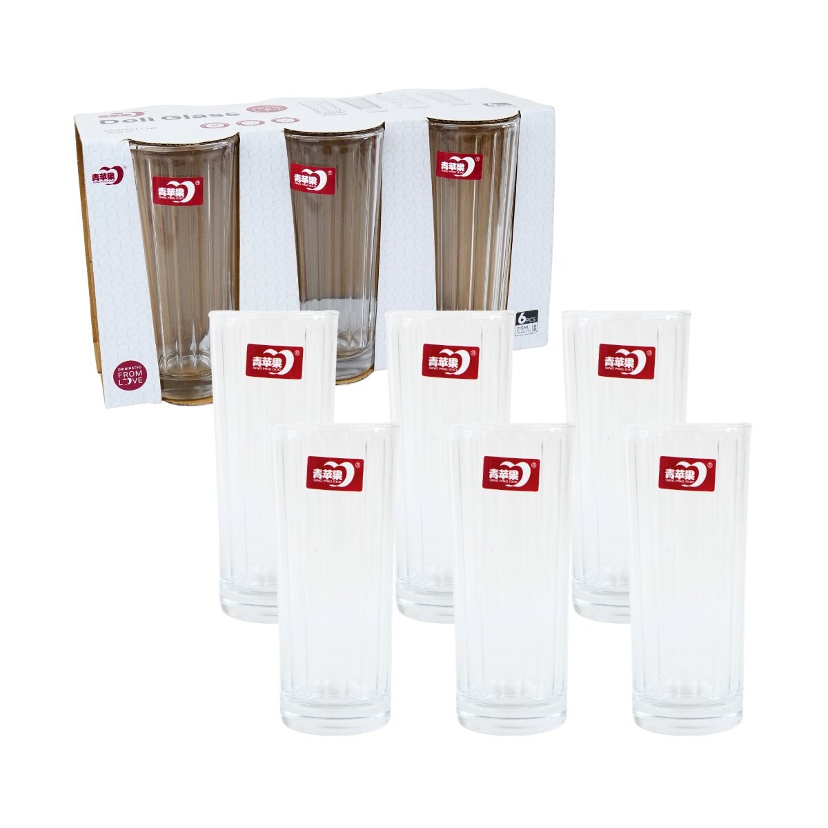Set de 6 vasos altos de vidrio con labrado vertical 215ml 