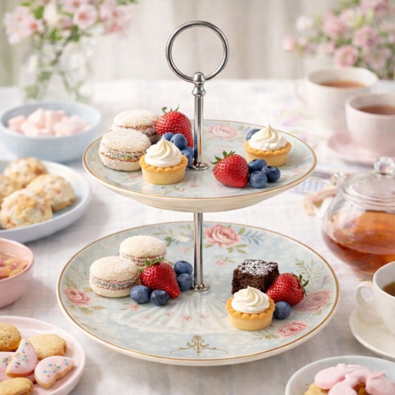 Plato de Pastelería en Cerámica de Dos Pisos Diseño Vintage Plato de Pastelería en Cerámica de Dos Pisos Diseño Vintage