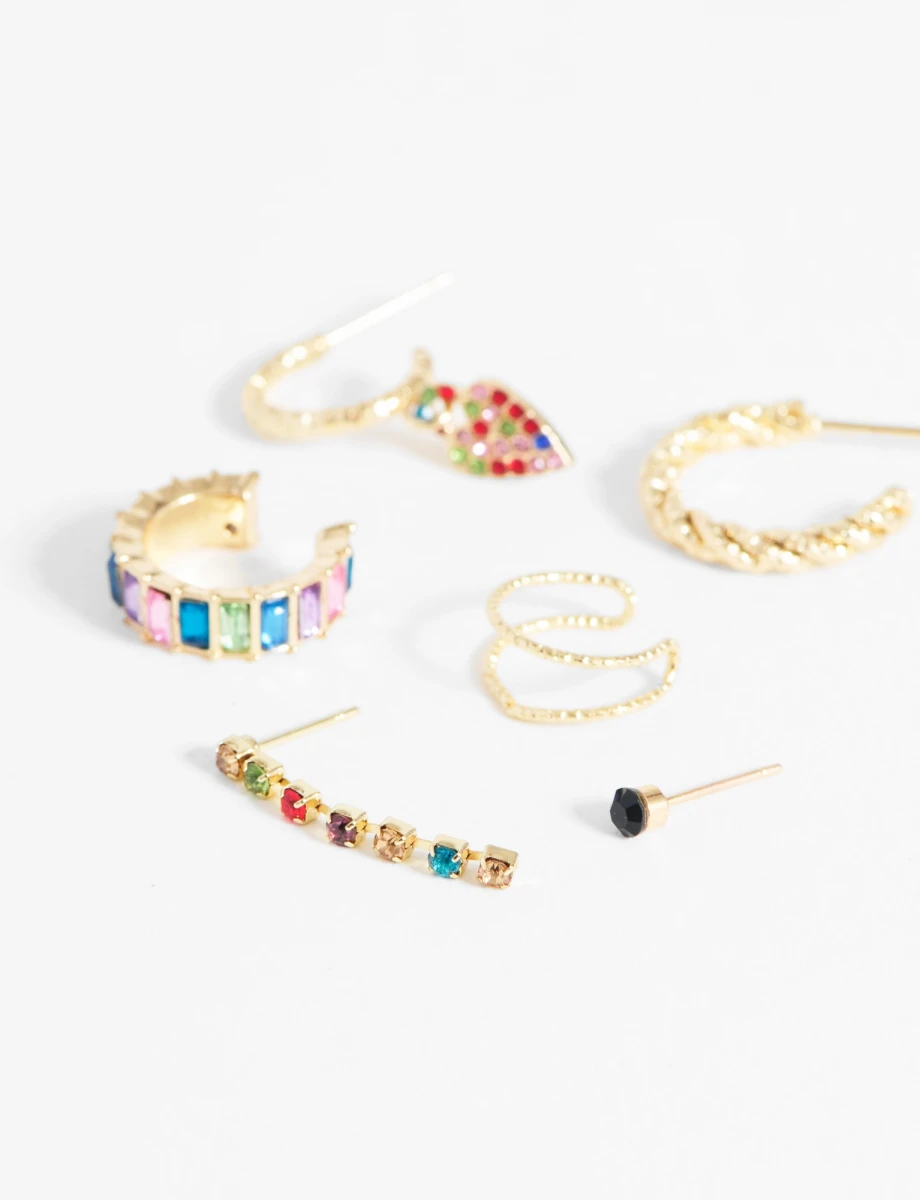 Set de seis aros y earcuff strass - dorado 