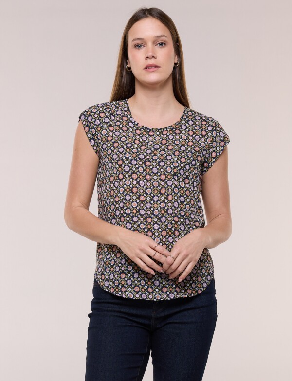Blusa De Gasa Manga Corta Con Bolsillo Frontal MULTI/AZUL