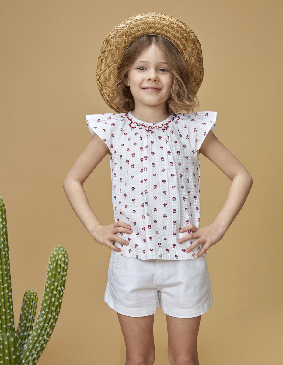 Blusa Nido De Abeja Estampada - Blanco 