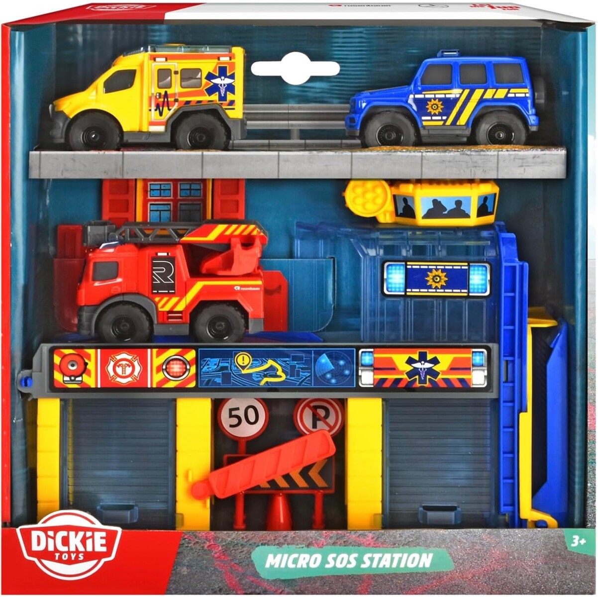 Dickie Toys - Estación de rescate Micro SOS con 3 coches de juguete Mercedes-Benz 