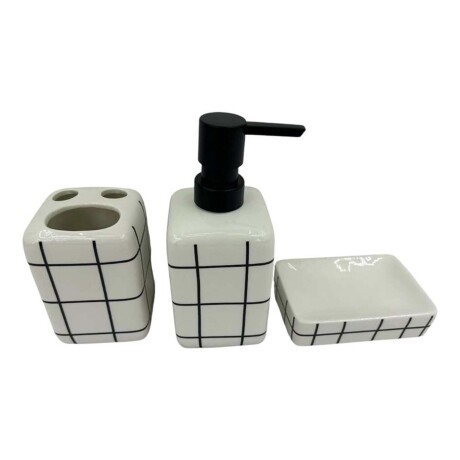 Set Baño 3Pzas Cuadriculado Cerámica Jaboneras Portacepillos Blanco/negro
