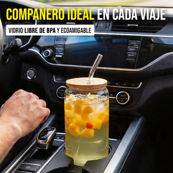 Set X4 Vasos De Vidrio Con Tapa Madera Bambu y Sorbetes 400ml IMBACK Set X4 Vasos De Vidrio Con Tapa Madera Bambu y Sorbetes 400ml IMBACK