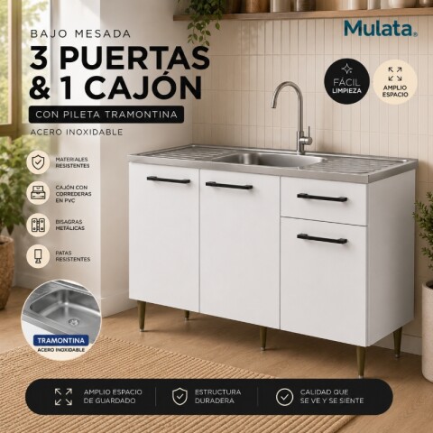 Bajo Mesada Blanco + Pileta Central Tramontina Acero Bajo Mesada Blanco + Pileta Central Tramontina Acero
