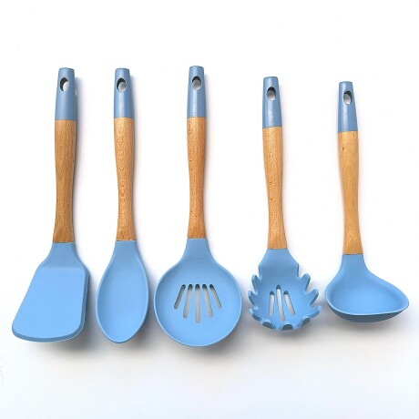 Juego De 5 Utensilios de Silicona C/Mango Madera + Soporte Juego De 5 Utensilios de Silicona C/Mango Madera + Soporte