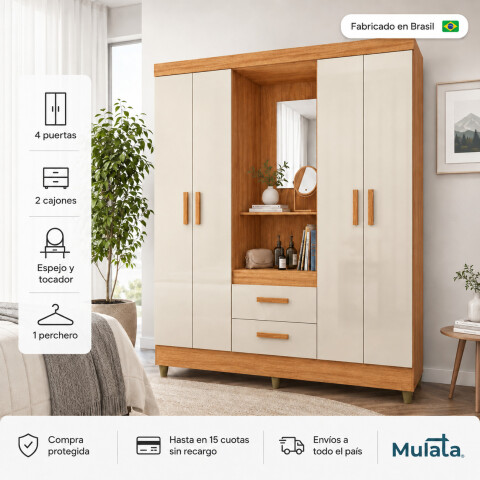 Ropero Vetro 4 Puertas 2 Cajones con Espejo, Perchero y Tocador 150cm MDP - Cinamomo Off White Ropero Vetro 4 Puertas 2 Cajones con Espejo, Perchero y Tocador 150cm MDP - Cinamomo Off White
