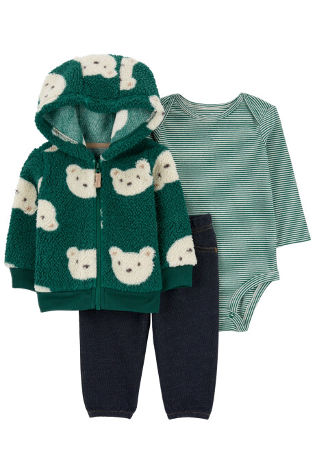 Set tres piezas, campera de sherpa, pantalón y body de algodón, diseño osos Sin color