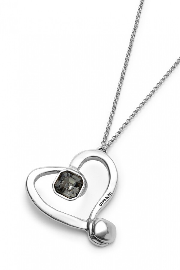 COLGANTE LARGO BAÑADO EN PLATA DE LEY Y CORAZÓN GRANDE CON CRISTAL FACETADO NEGRO Colgante