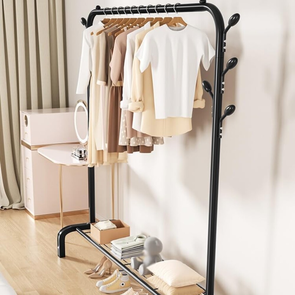 Perchero De Caño Largo Ganchos Y Estante Inferior Negro