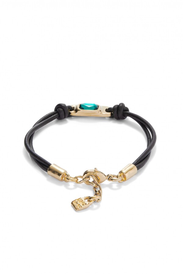 PULSERA DE CUERO BAÑADA EN ORO 18K CON CRISTAL VERDE Pulsera