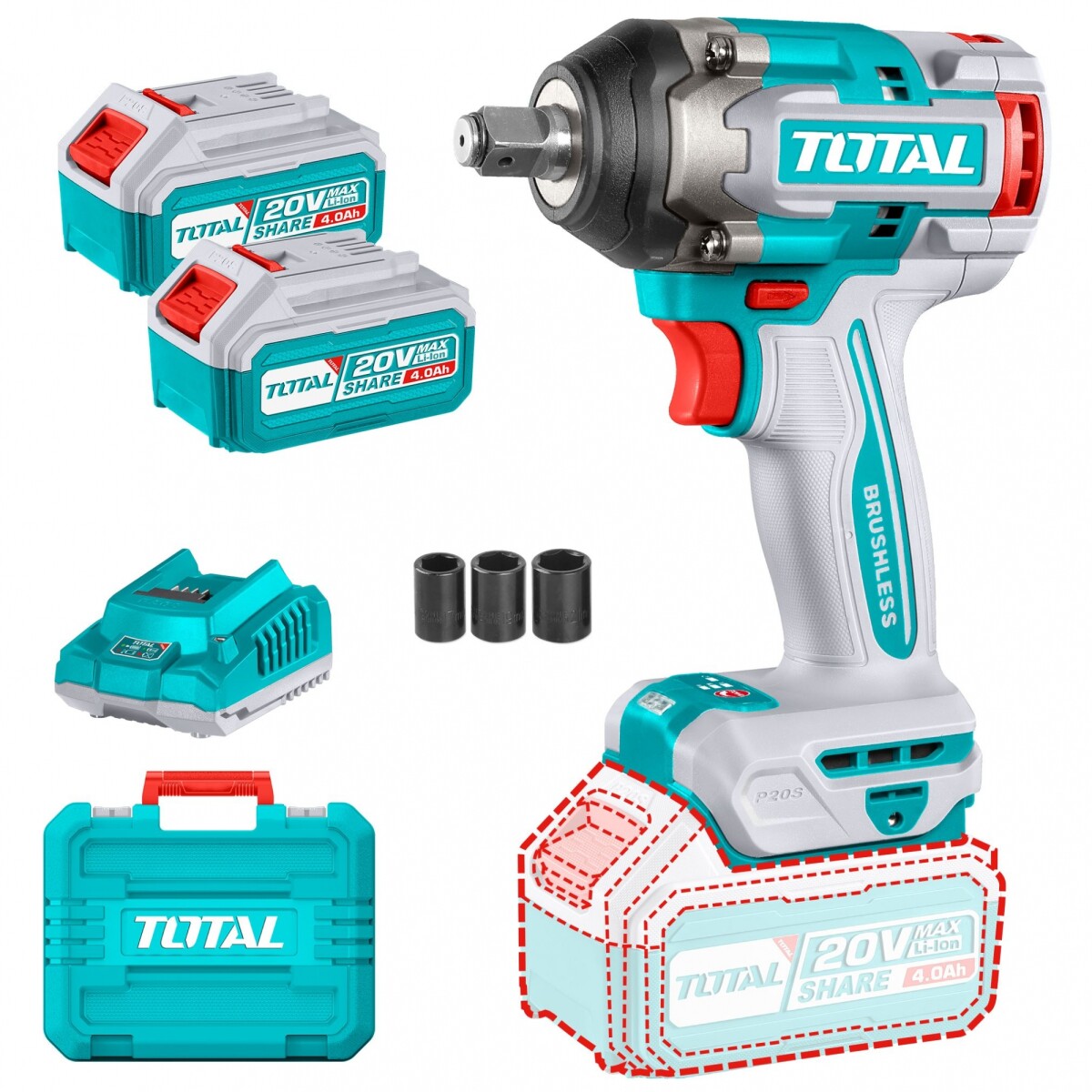 Llave De Impacto Inalámbrica 20v 1/2" 500Nm - Doble Batería + Maletín 