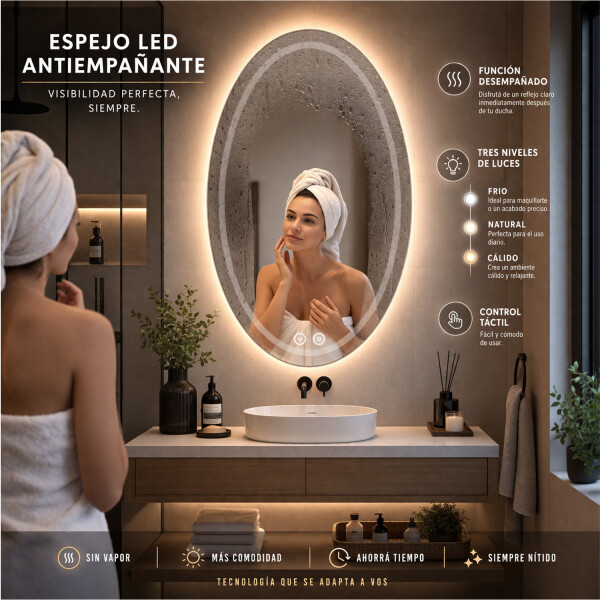 Espejo Oval Led De Pared Led07 50 X 70 Cm Desempañado ESPEJO OVAL LED07 50X70