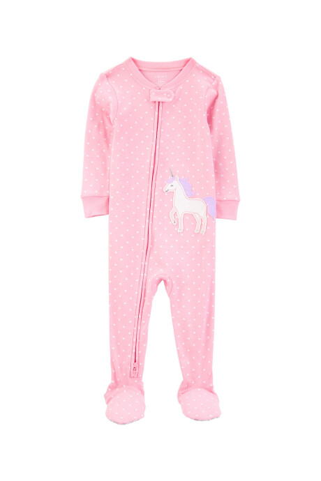 Pijama una pieza de algodón, con pie, rosado, estampa unicornio. Talles 12-24M Pijama una pieza de algodón, con pie, rosado, estampa unicornio. Talles 12-24M