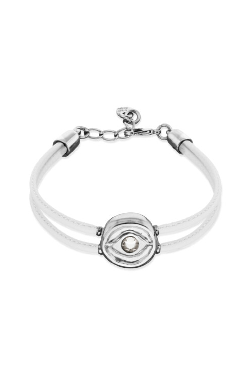 PULSERA DE CUERO DOBLE BLANCO CON DETALLE DE OJO EN ALEACIÓN DE METALES BAÑADO EN PLATA Y CRISTAL Pulsera