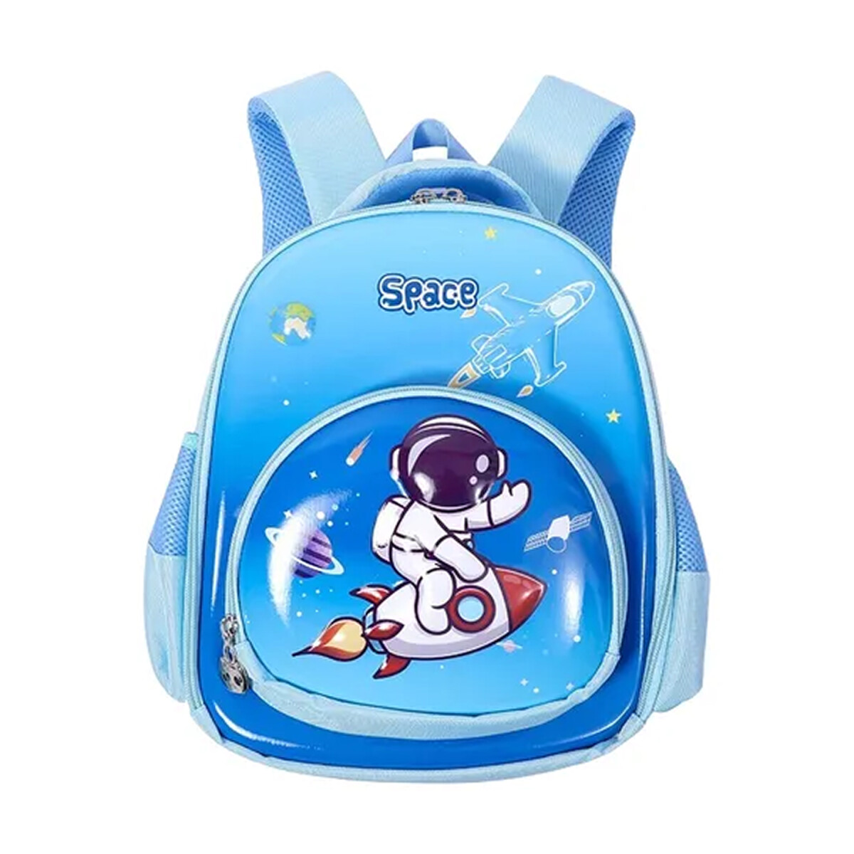 Mochila Escolar Reforzada 33x24cm 2 Bolsillos Astronauta - Color Celeste 