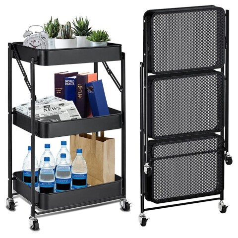 Carro Organizador 3 Estantes Con Ruedas Multiuso Plegable Color Variante Negro