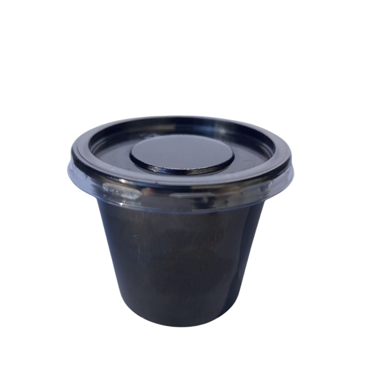 POTE PET NEGRO CON TAPA TRASNPARENTE PARA DIPS REDONDO 2 OZ 60 CC 
