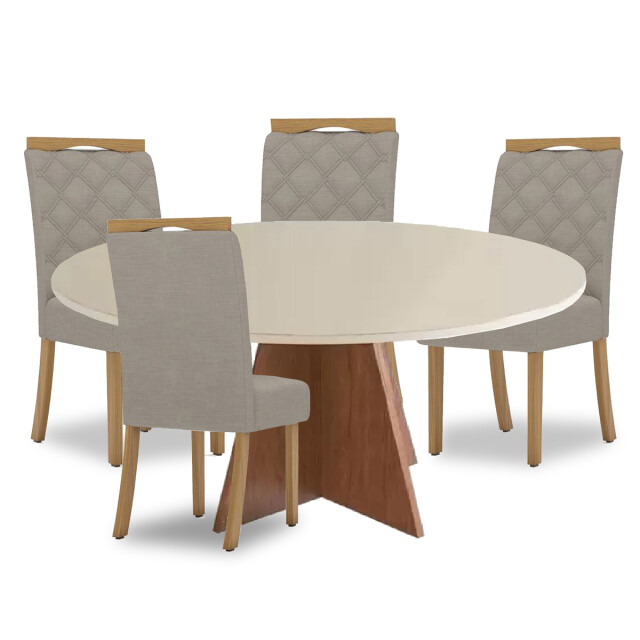 Juego de comedor mesa en madera maciza, tapa circular - 4 sillas tapizadas Juego de comedor mesa en madera maciza, tapa circular - 4 sillas tapizadas