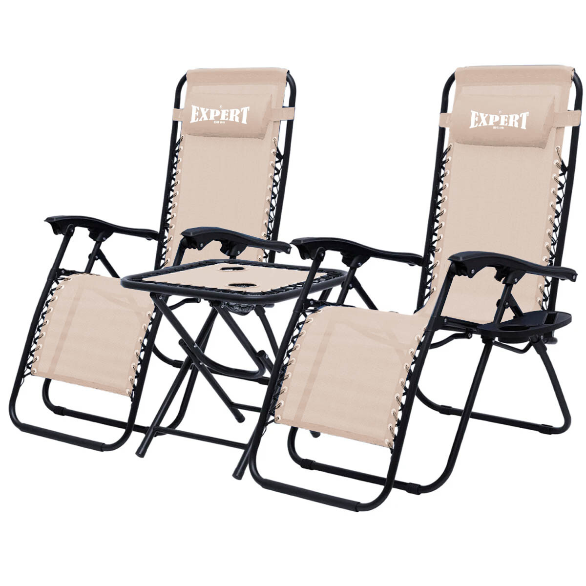 Juego De Jardin Silla Reposera Plegable X2 + Mesa Patio - Beige 