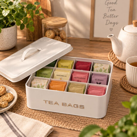 Caja Organizadora Para Te De Metal Con Tapa Y 12 Divisiones Beige Caja Organizadora Para Te De Metal Con Tapa Y 12 Divisiones Beige