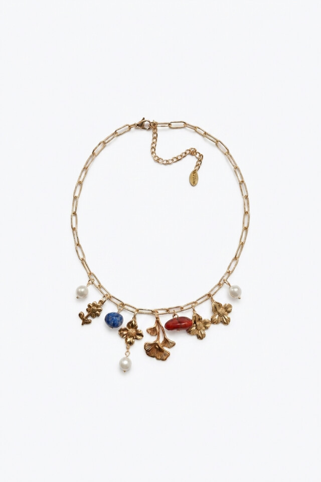 Collar de acero con piedras naturales y dijes dorado